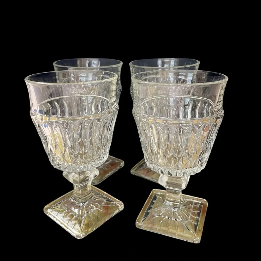 Vintage Indiana Glass Mount Vernon Clear Wine Glasses Set of 4 Square Base 5.5